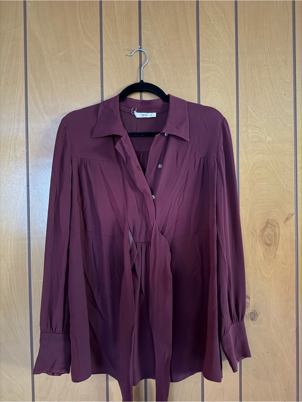 Prada Burgundy Tie-Front Long-Sleeve Blouse